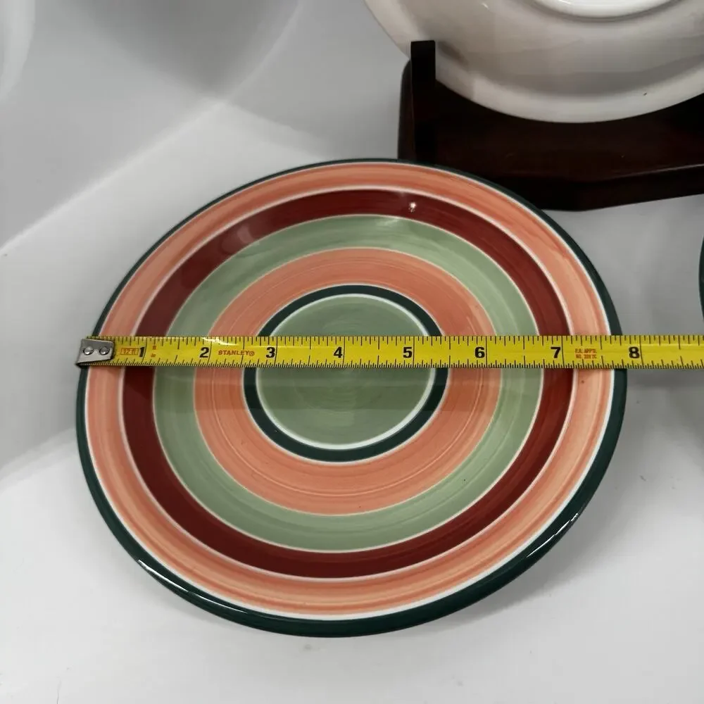 Pier 1 Green Coral Rust Bands Dessert/Salad Plates SET OF 3 Hand Painted ITALY